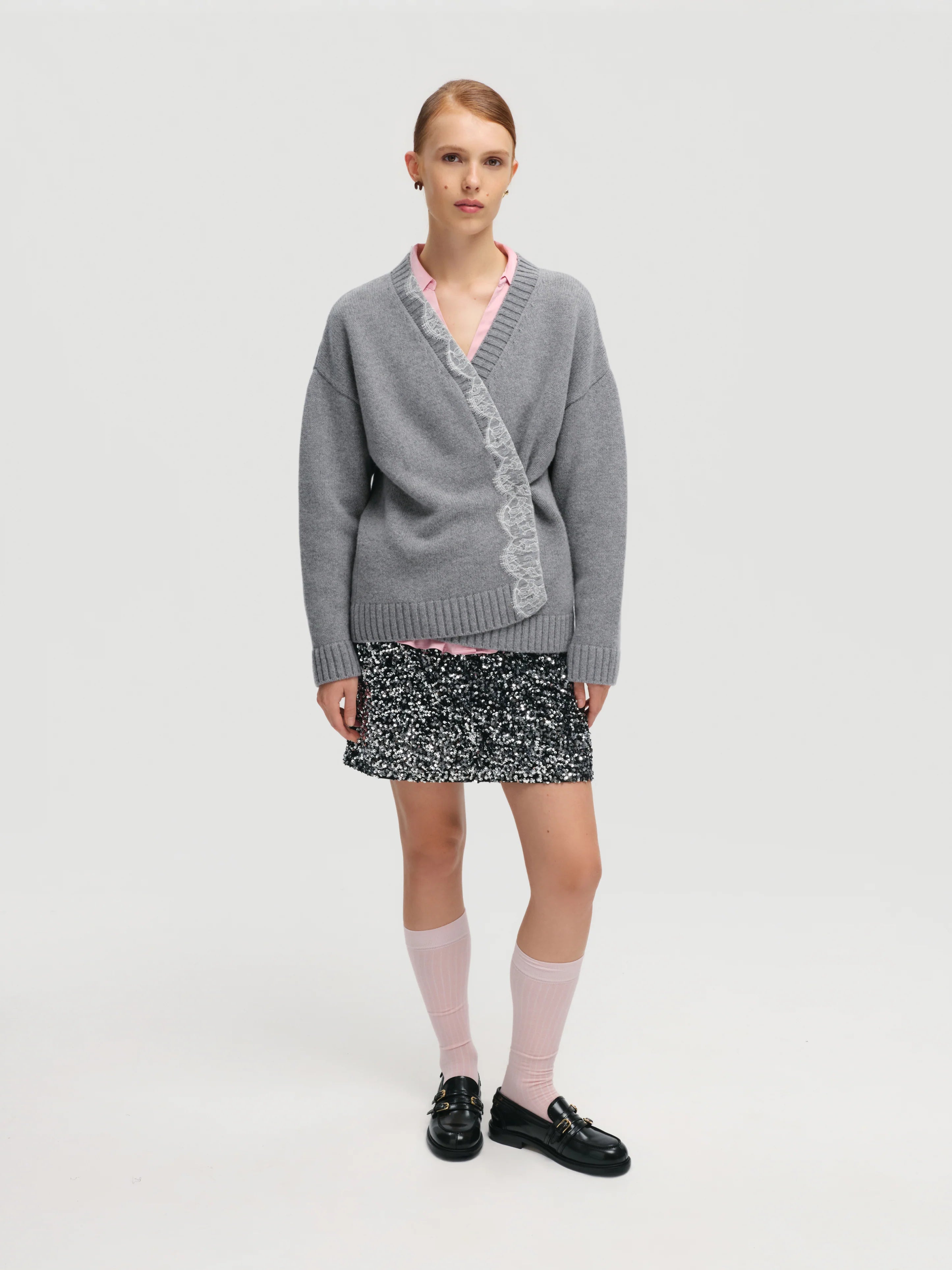 Kardigan s krajkovým lemem - Šedý